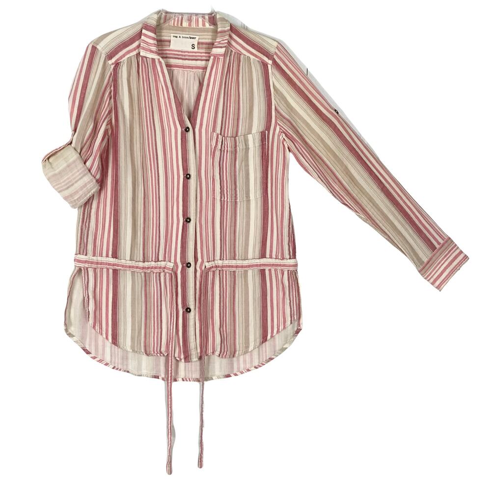 RAG & BONE Shirt Blouse Tunic Jacket Top Small Stripe Pink Gauze-Cotton Roll-Tab